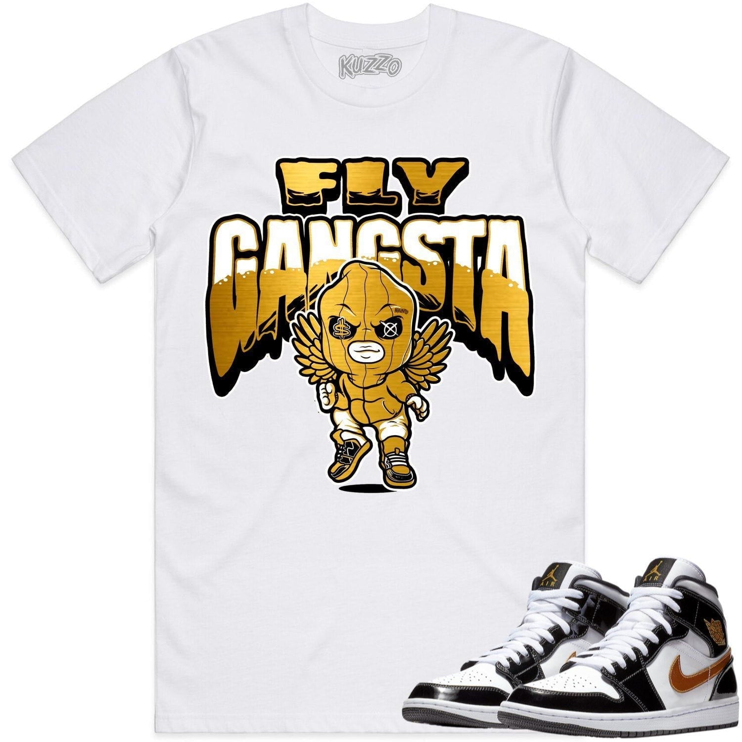 Jordan 1 Mid Patent Black Metallic Gold Shirts - Gratitude Fly Gangsta