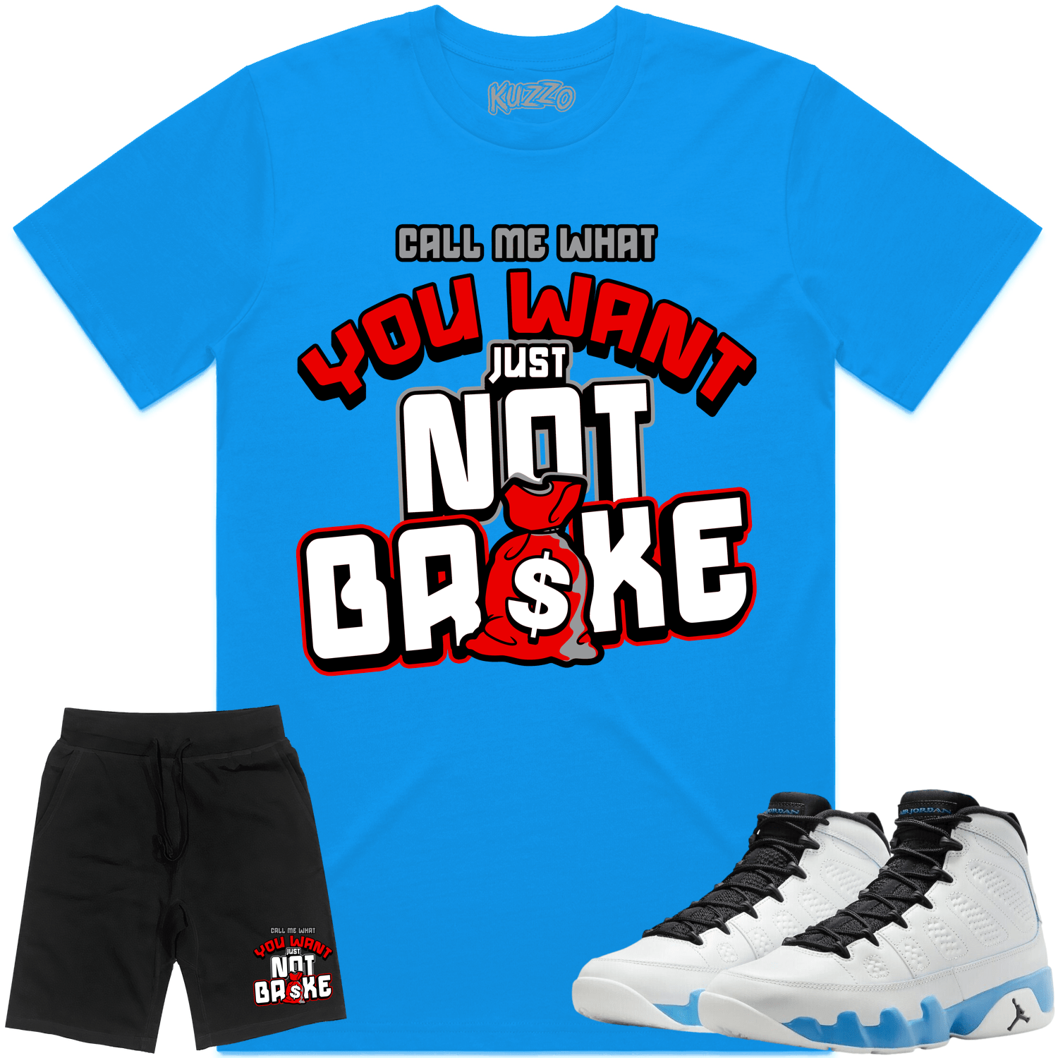 Jordan 9 Powder Blue 9S Sneaker Outfit Shirt and Shorts Red Not Broke