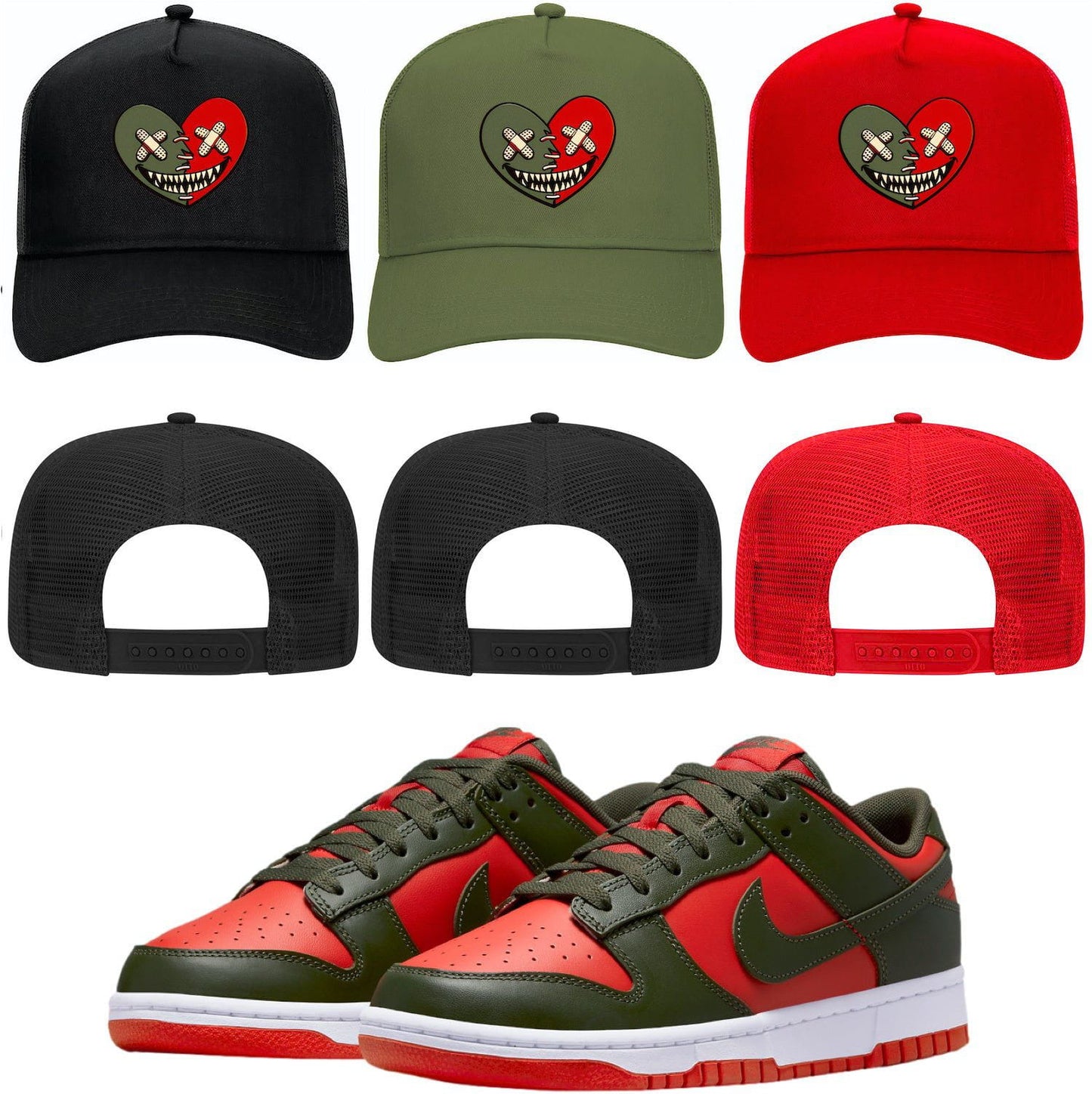 Mystic Red Cargo Dunks Trucker Hats - Olive Heart Baws