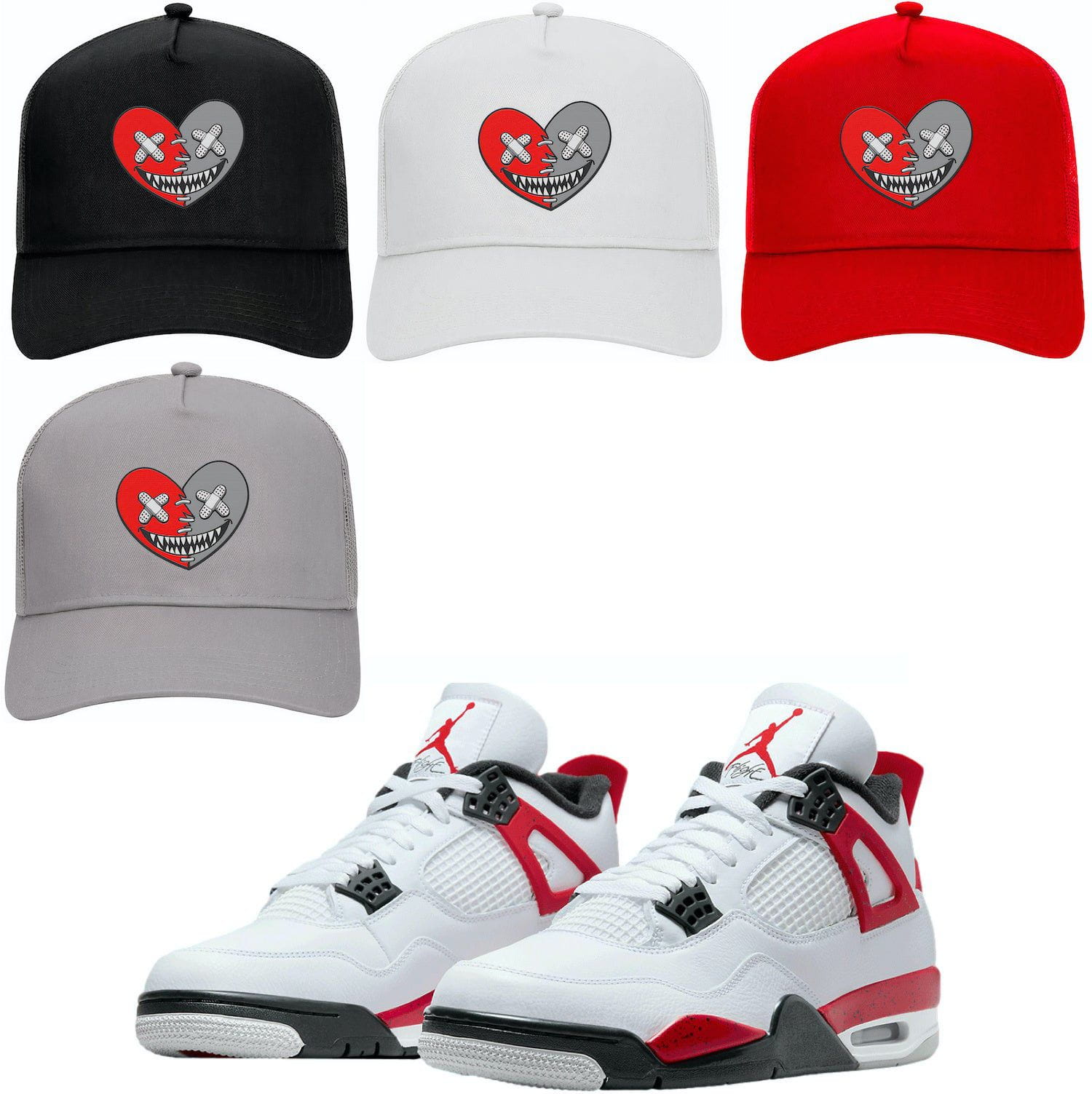 Red Cement 4s Trucker Hats - Jordan 4 Red Cement Hats - Heart