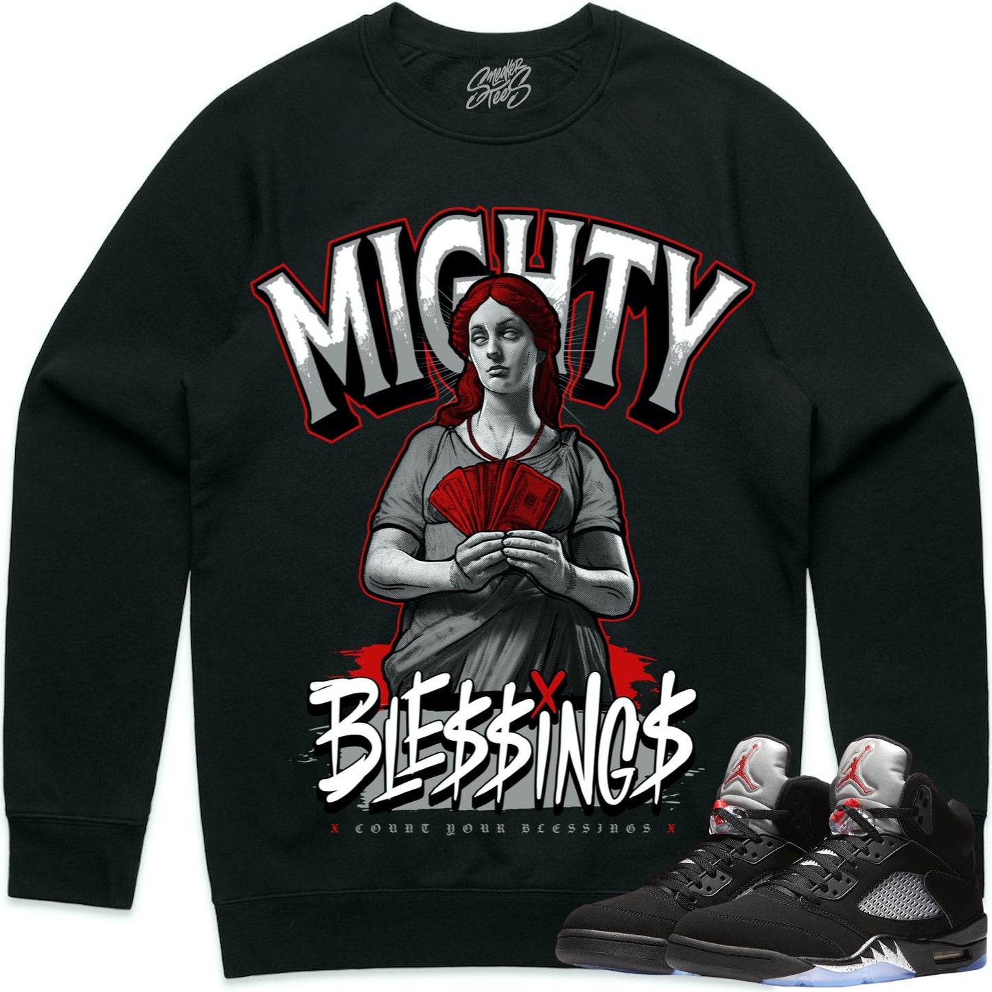 Black Metallic 5s Sweater to Match - Jordan 5 Sneaker Tees - Blessings