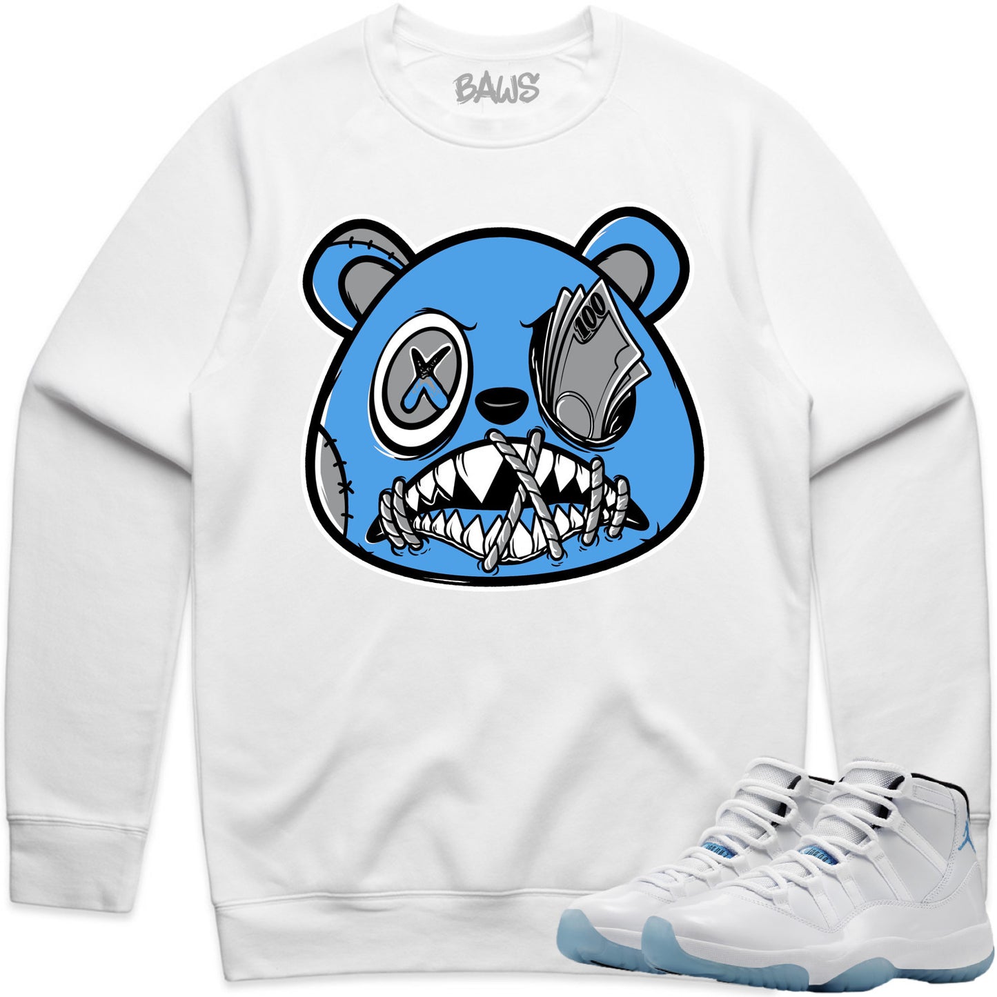 Jordan Legend Blue 11s Sweater to Match - Jordan 11 Sneaker Tees - Money Talks Baws