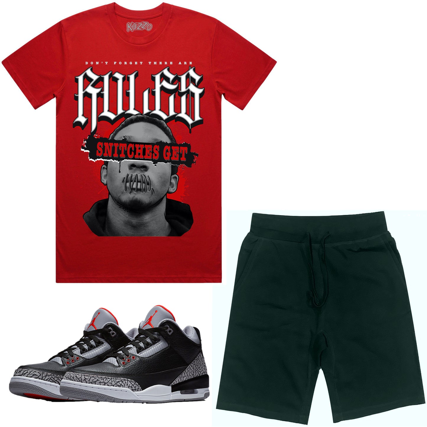 Jordan Black Cement 3s Sneaker Outfit - Shirt and Shorts - Stitches