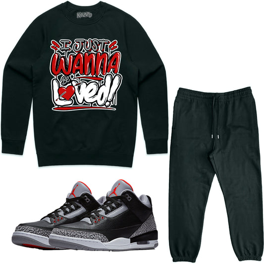 Jordan Black Cement 3s Sneaker Outfit - Sweater & Jogger Sweat Suit - Loved