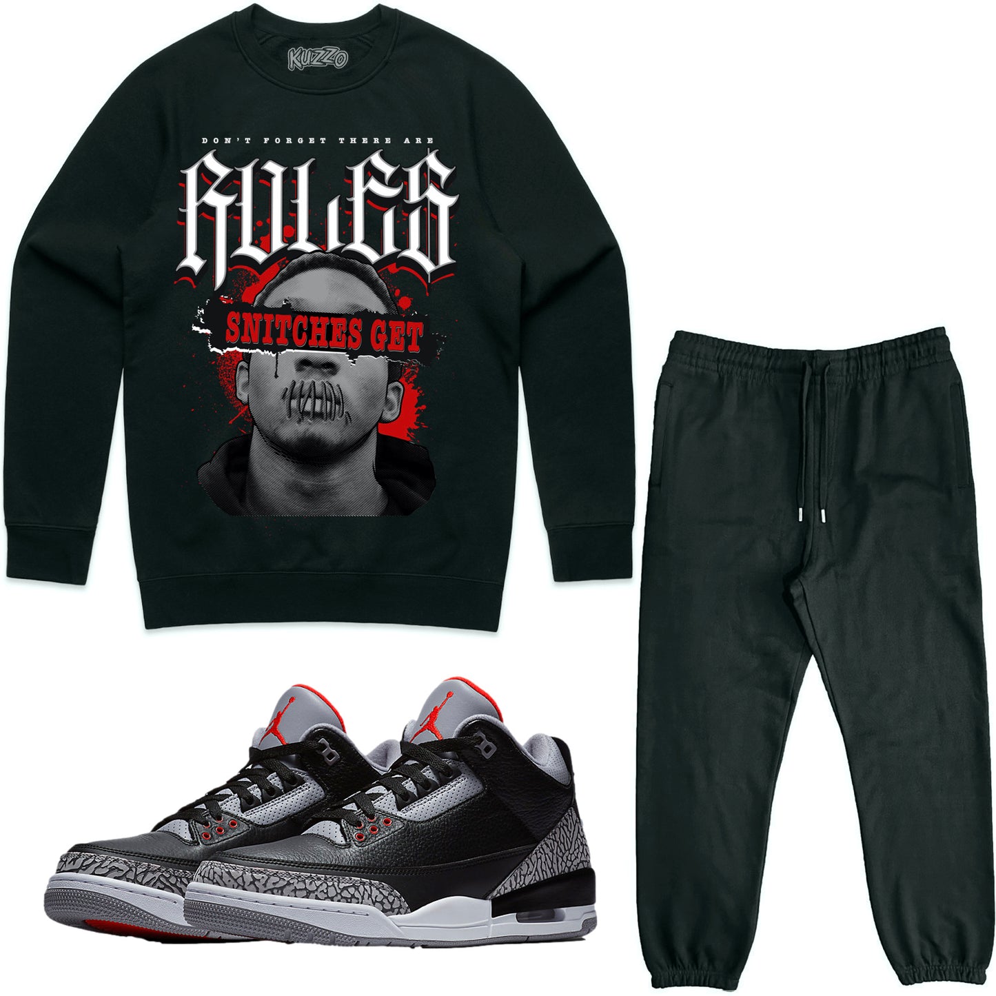 Jordan Black Cement 3s Sneaker Outfit - Sweater & Jogger Sweat Suit - Stitches