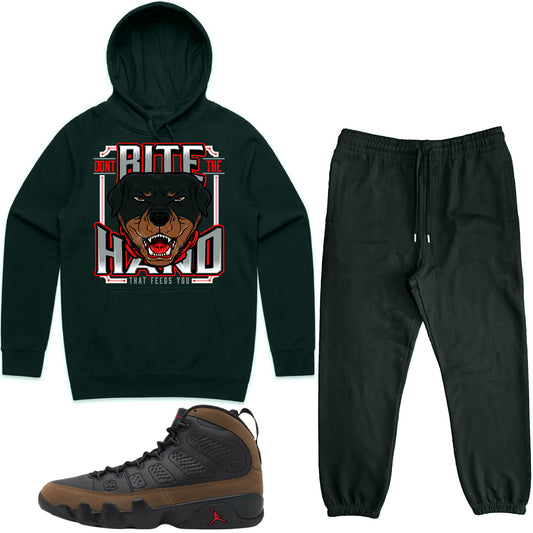 Olive 9s Sneaker Outfit - Hoodie & Jogger Sweat Suit - Dont Bite