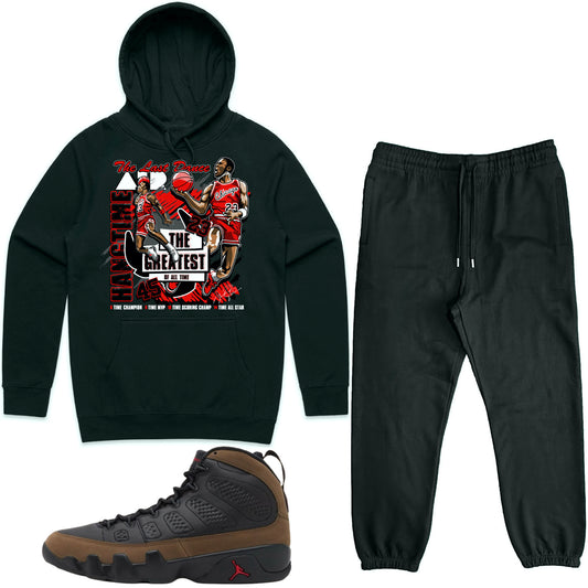 Olive 9s Sneaker Outfit - Hoodie & Jogger Sweat Suit - Hangtime