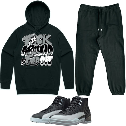 Wolf Grey 12s Sneaker Outfit - Jordan 12 Baron Hoodie & Jogger Sweat Suit - F#ck