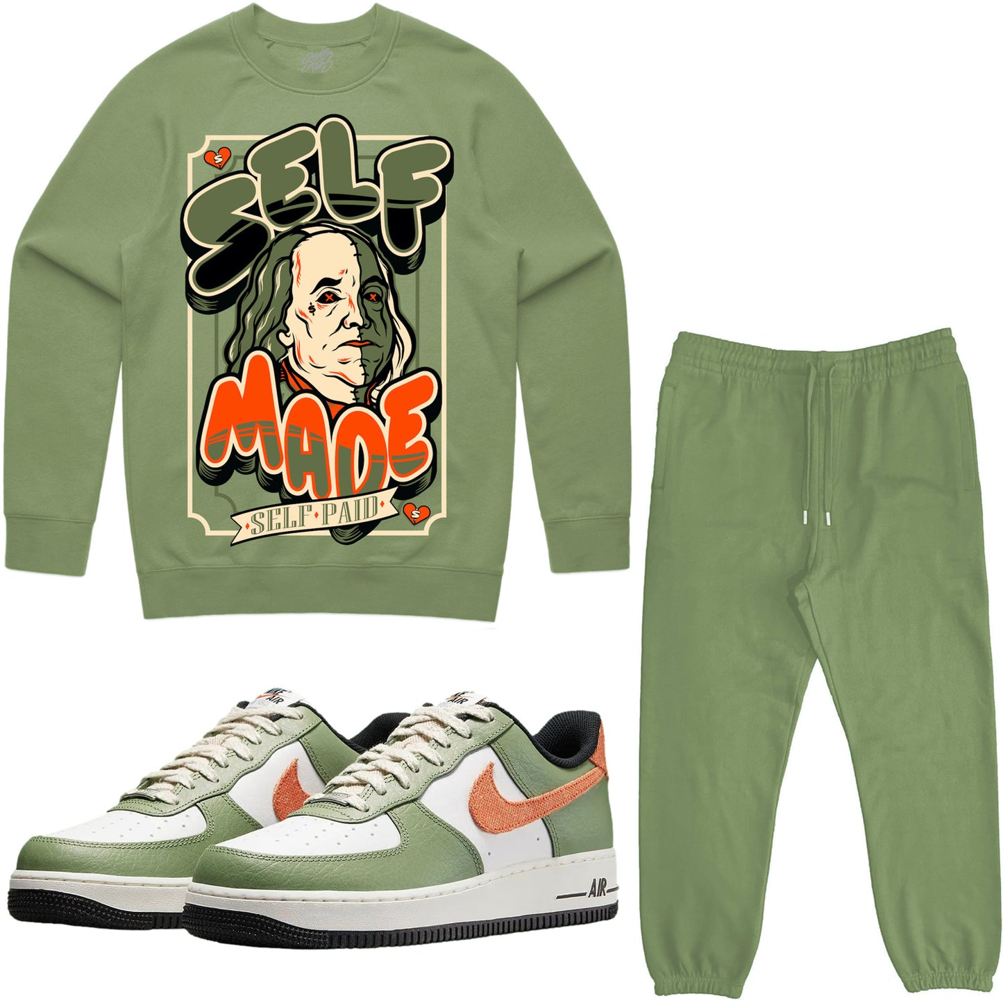 Air Force One Oil Green Sneaker Outfit - Sweater & Jogger Sweat Suit - Self Made