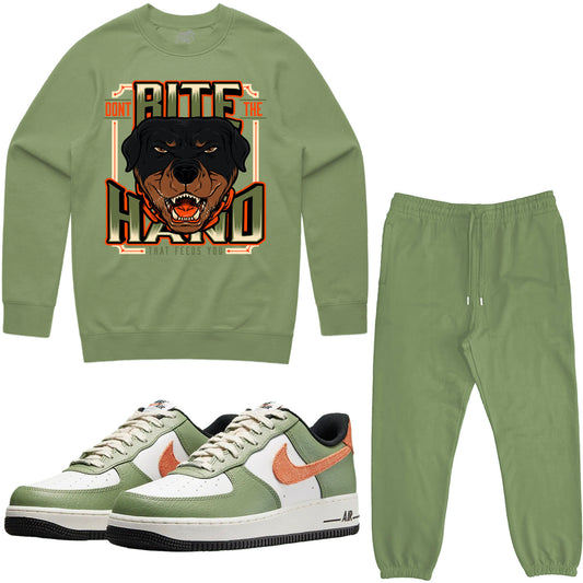 Air Force One Oil Green Sneaker Outfit - Sweater & Jogger Sweat Suit - Dont Bite