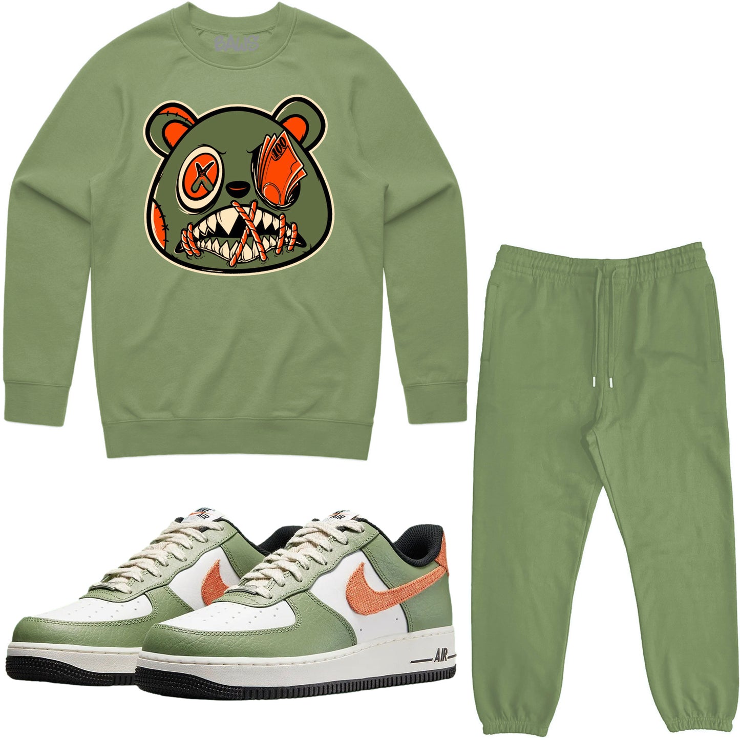 Air Force One Oil Green Sneaker Outfit - Sweater & Jogger Sweat Suit - Money Talks Baws