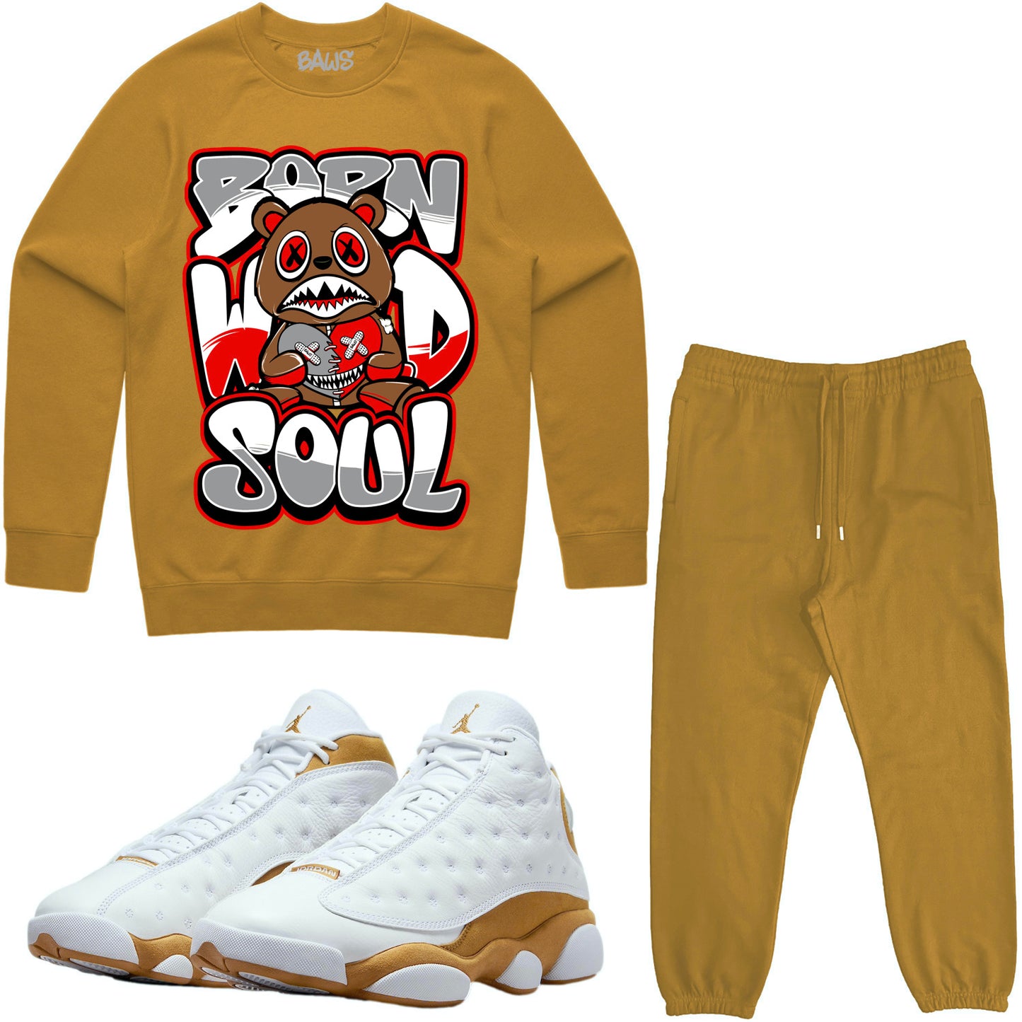 Wheat 13s Sneaker Outfit - Sweater & Jogger Sweat Suit - Born Wild Baws