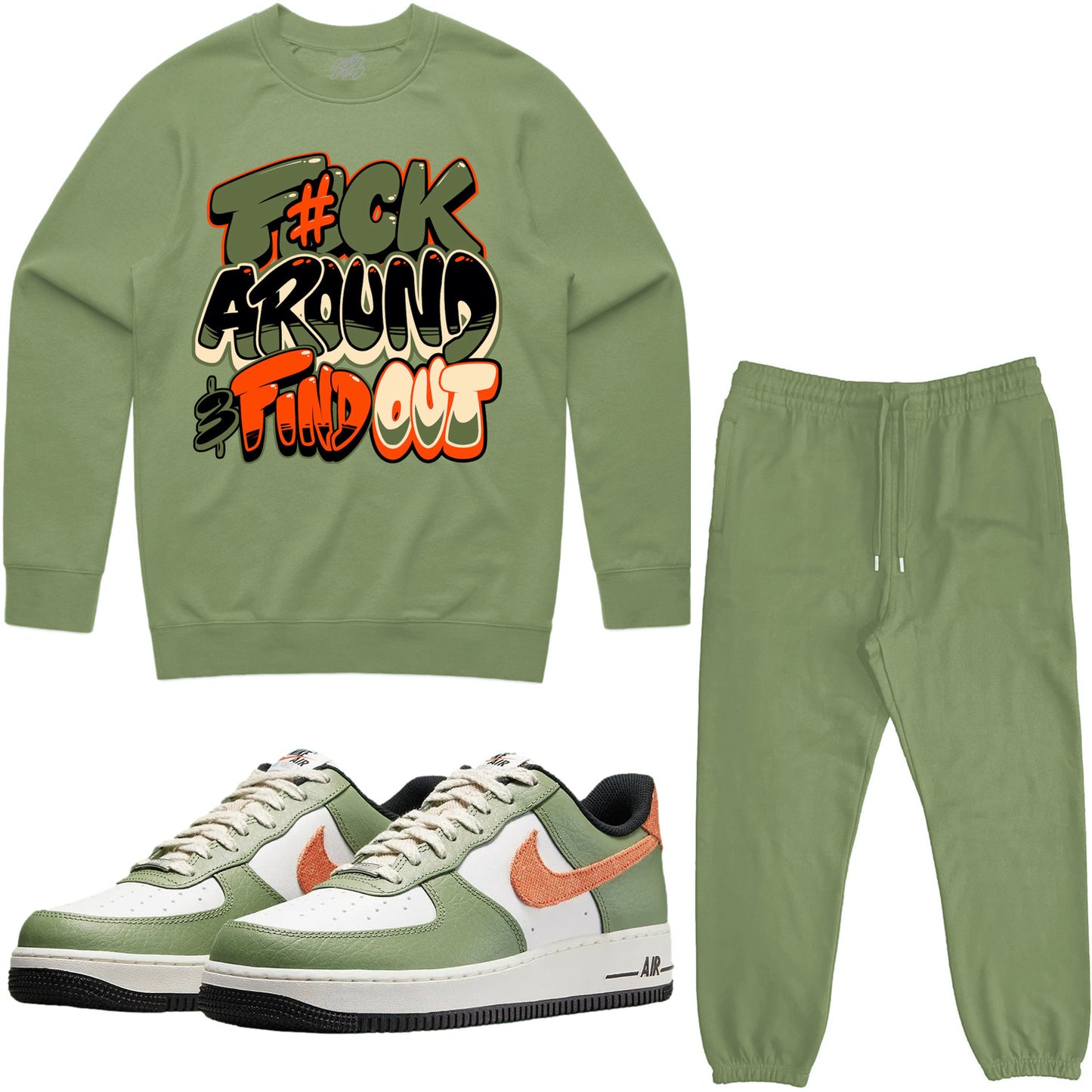 Air Force One Oil Green Sneaker Outfit - Sweater & Jogger Sweat Suit - F#ck