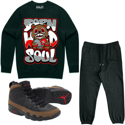 Olive 9s Sneaker Outfit - Sweater & Jogger Sweat Suit - Born Wild Baws