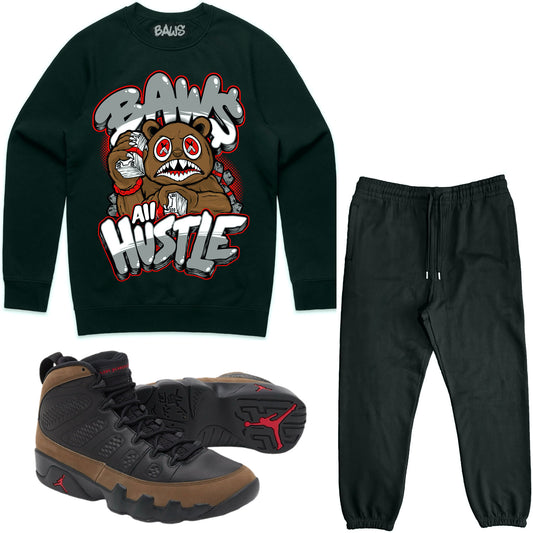 Olive 9s Sneaker Outfit - Sweater & Jogger Sweat Suit - Hustle Baws