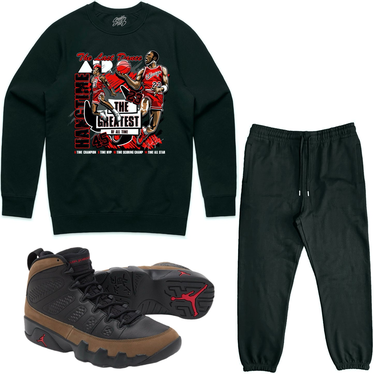 Olive 9s Sneaker Outfit - Sweater & Jogger Sweat Suit - Hangtime