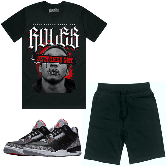 Jordan Black Cement 3s Sneaker Outfit - Shirt and Shorts - Stitches