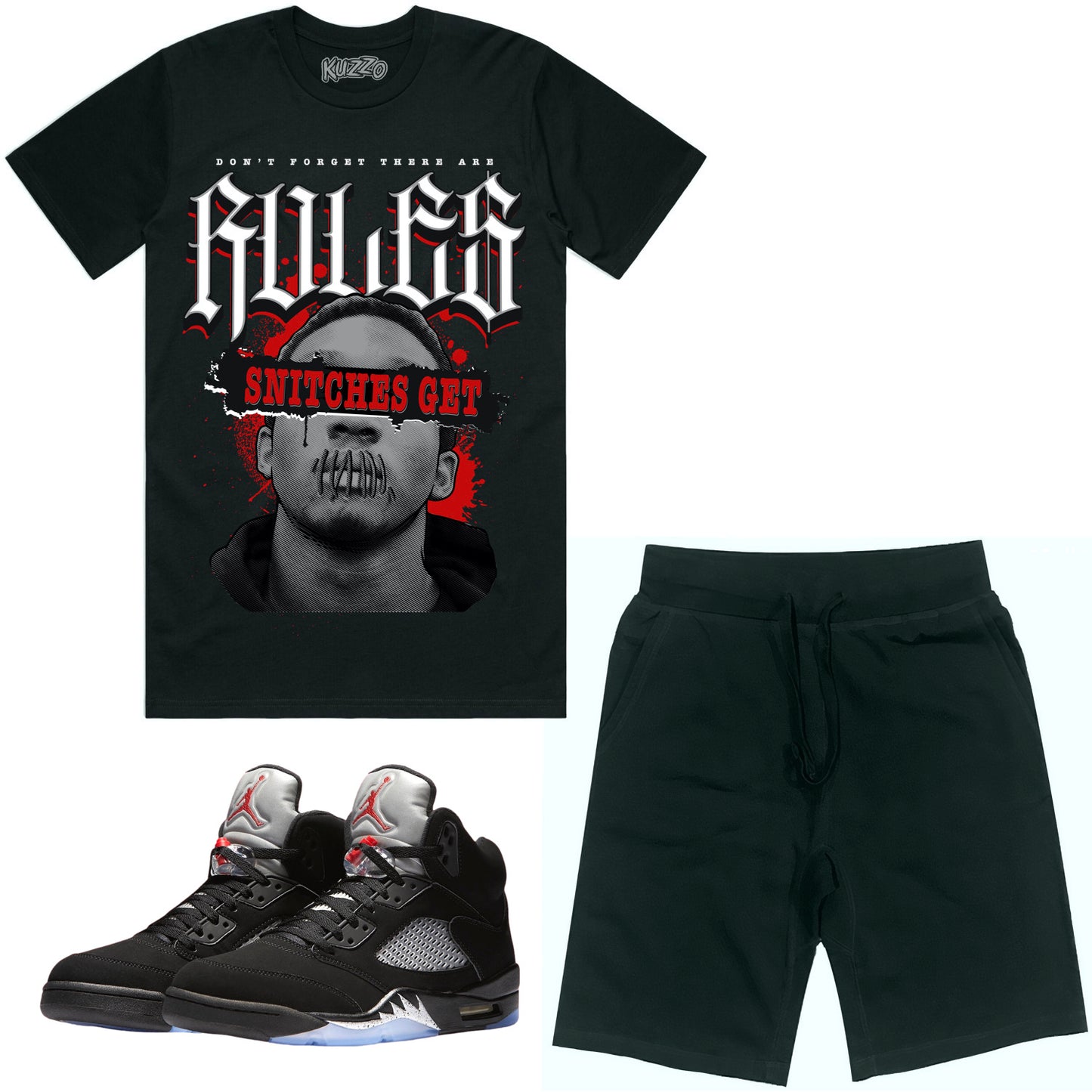 Jordan Black Metallic 5s Sneaker Outfit - Shirt and Shorts - Stitches