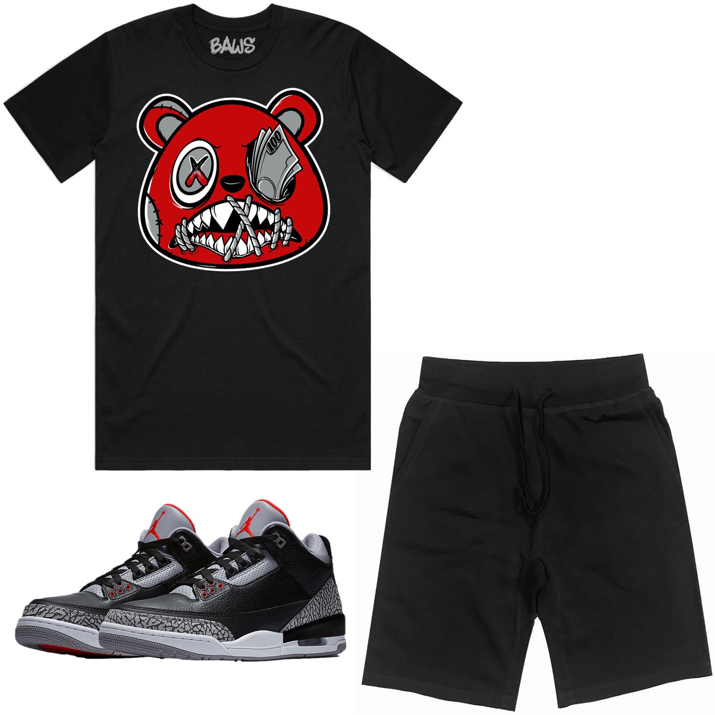 Jordan Black Cement 3s Sneaker Outfit - Shirt and Shorts - Money Talks Baws