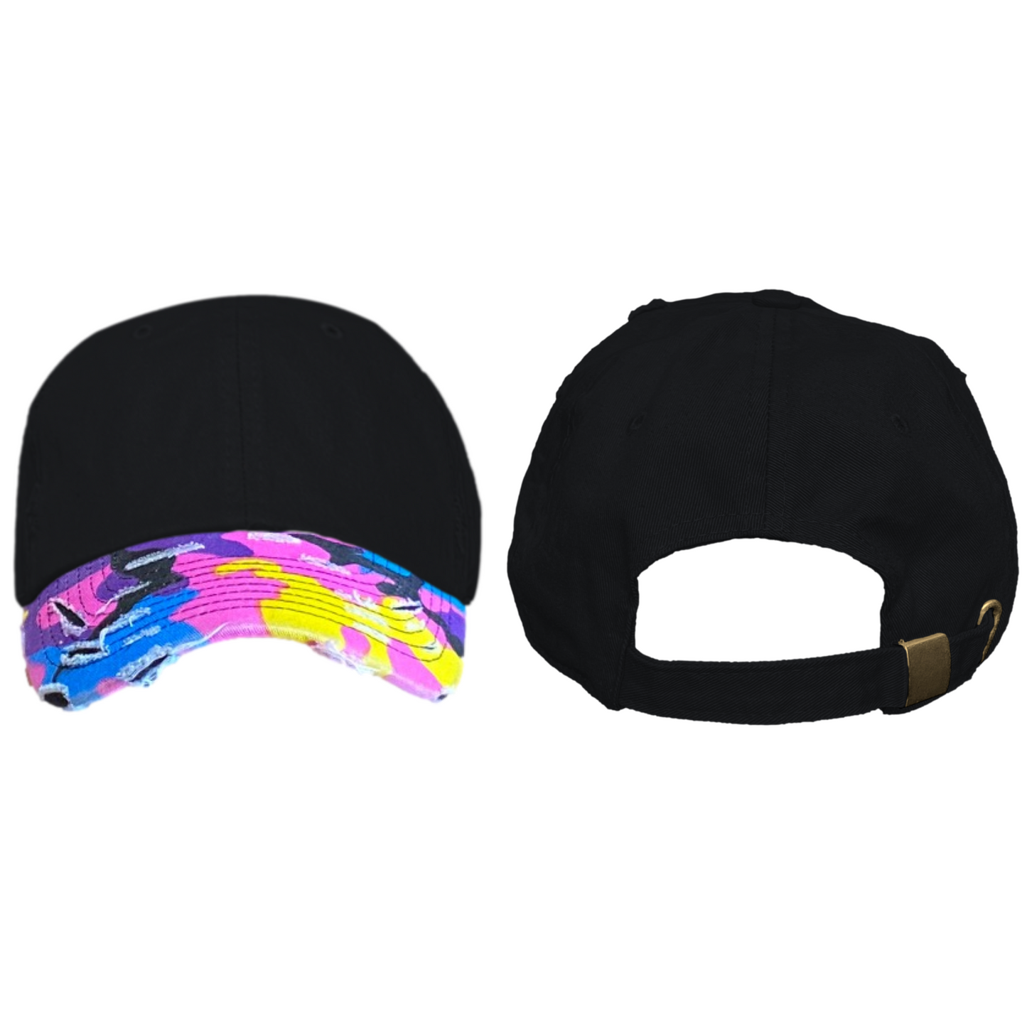 Blank Distressed Dad Hat Baseball Cap - 2Tone Black/Neon Camo