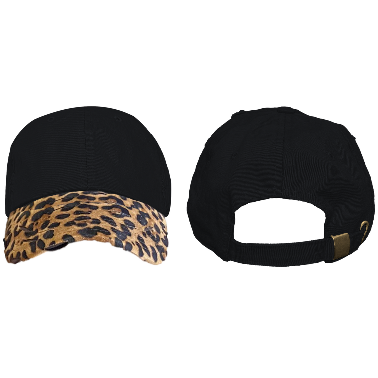 Blank Distressed Dad Hat Baseball Cap - 2T Black/Leopard