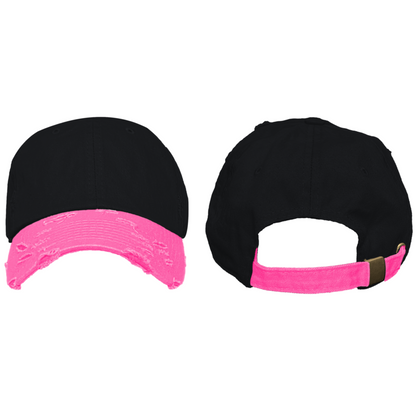 Blank Distressed Dad Hat Baseball Cap - 2Tone Black/Neon Pink