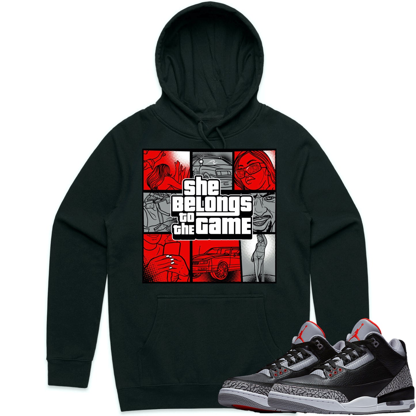 Black Cement 3s Hoodie to Match - Jordan 3 Sneaker Tees - Belong Game