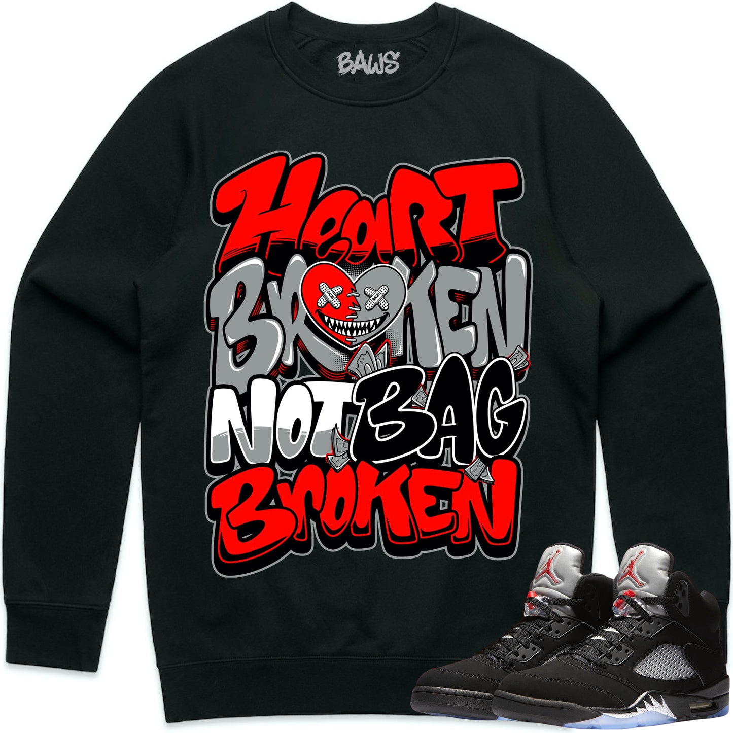 Black Metallic 5s Sweater to Match - Jordan 5 Sneaker Tees - Heart Broken Baws