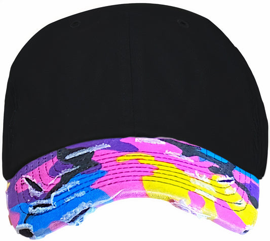 Blank Distressed Dad Hat Baseball Cap - 2Tone Black/Neon Camo