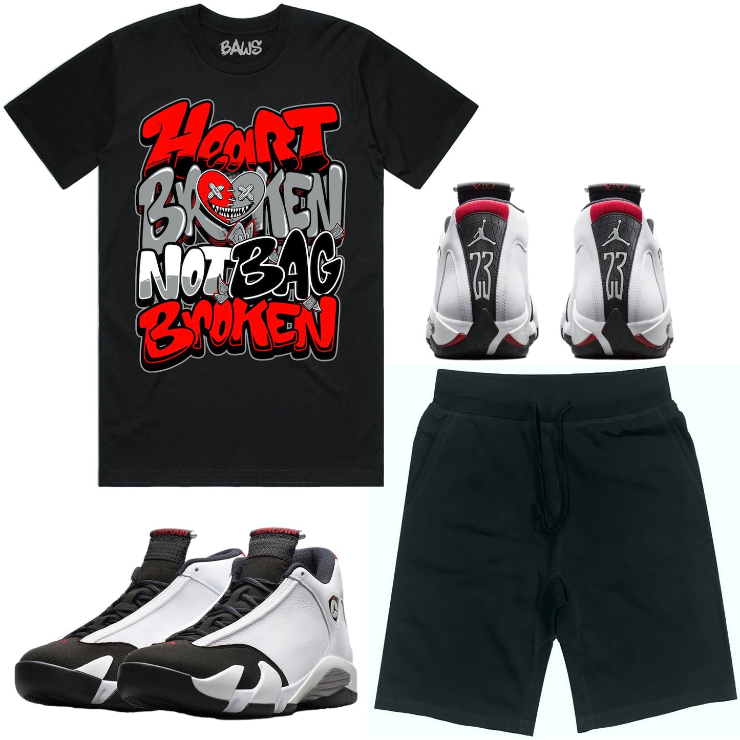 Black Toe 14s Sneaker Outfit - Shirt and Shorts - Heart Broken Baws