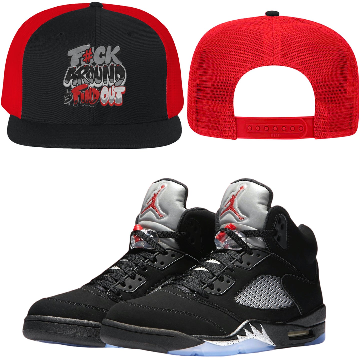 Black Metallic 5s Flat Brim Trucker Hat - Jordan 5 Hat to Match - F#ck