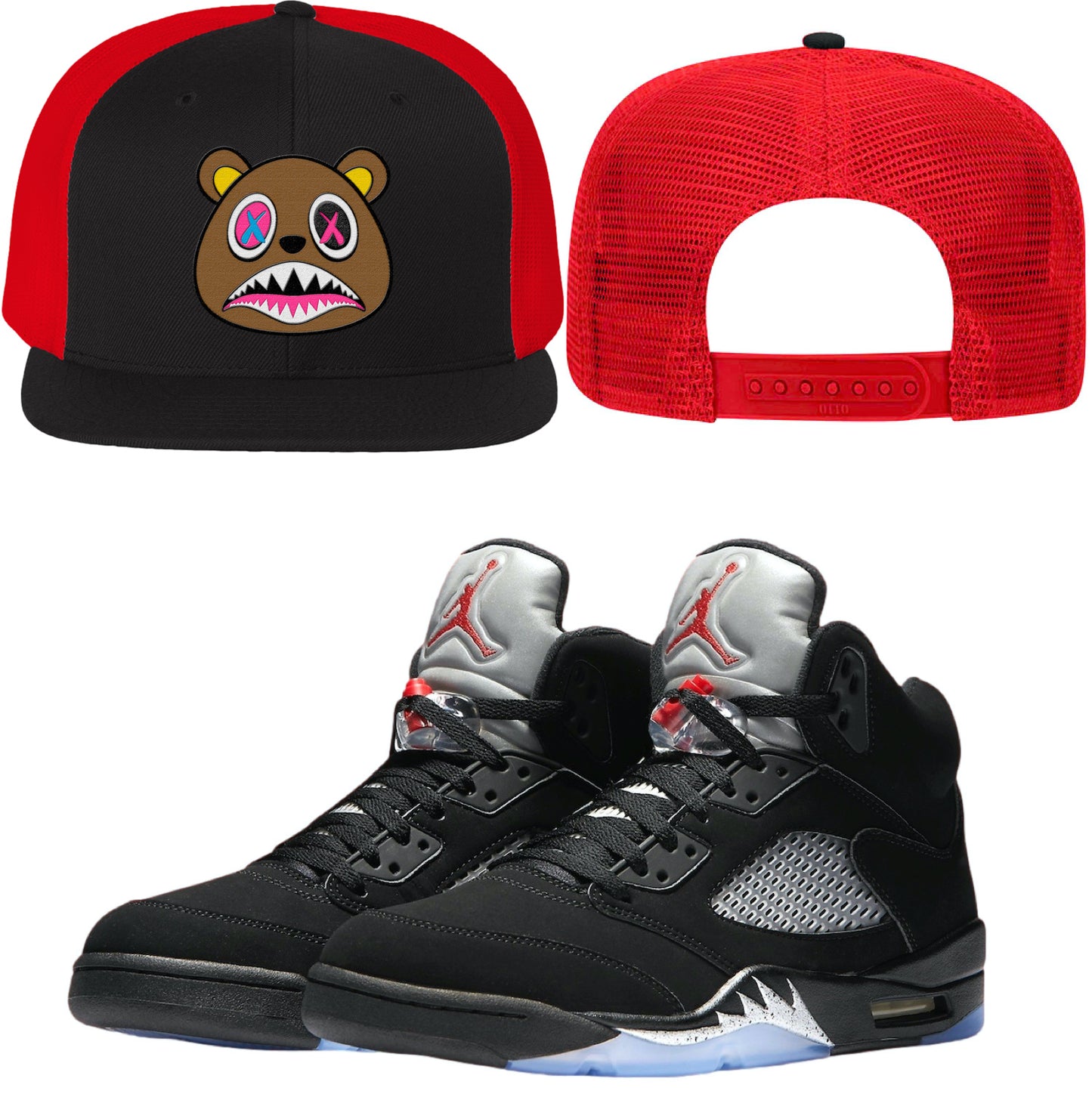 Black Metallic 5s Flat Brim Trucker Hat - Jordan 5 Hat to Match - Crazy Baws