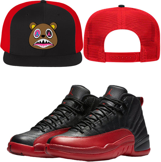 Flu Game 12s Flat Brim Trucker Hat - Jordan 12 Hat to Match - Crazy Baws