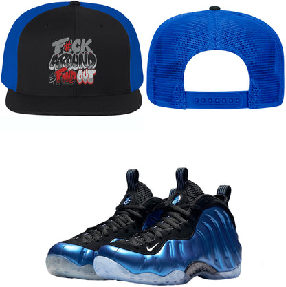 International Blue Foamposites Flat Brim Trucker Snapback Hat to Match - F#ck