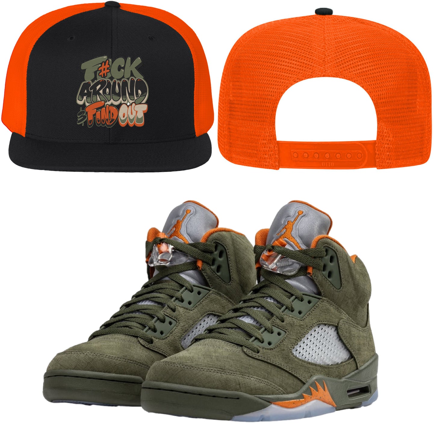 Jordan 5 Olive 5s Flat Brim Trucker Snapback Hat to Match : CELADON F#CK