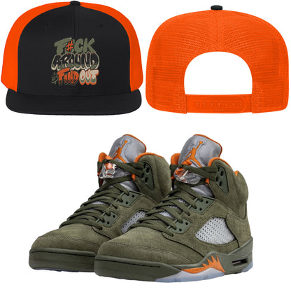 Jordan 5 Olive 5s Flat Brim Trucker Snapback Hat to Match : CELADON F#CK