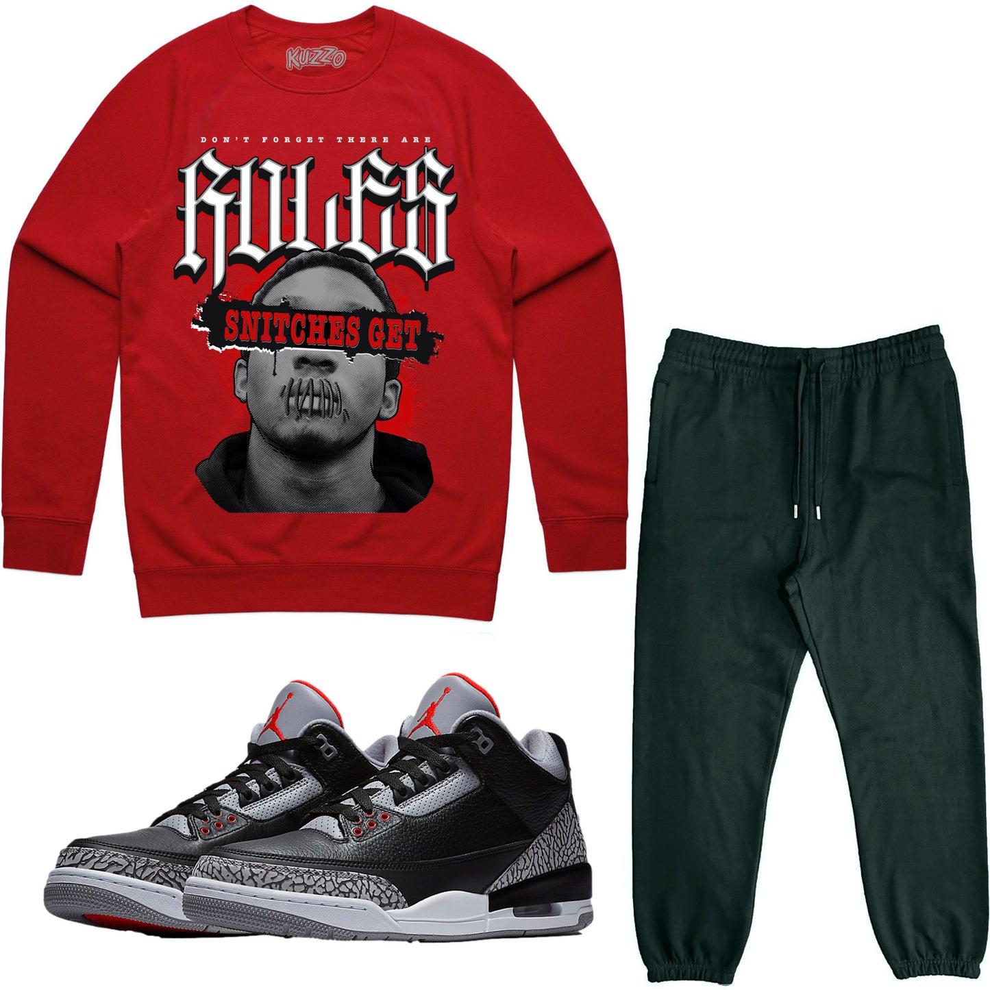 Jordan Black Cement 3s Sneaker Outfit - Sweater & Jogger Sweat Suit - Stitches