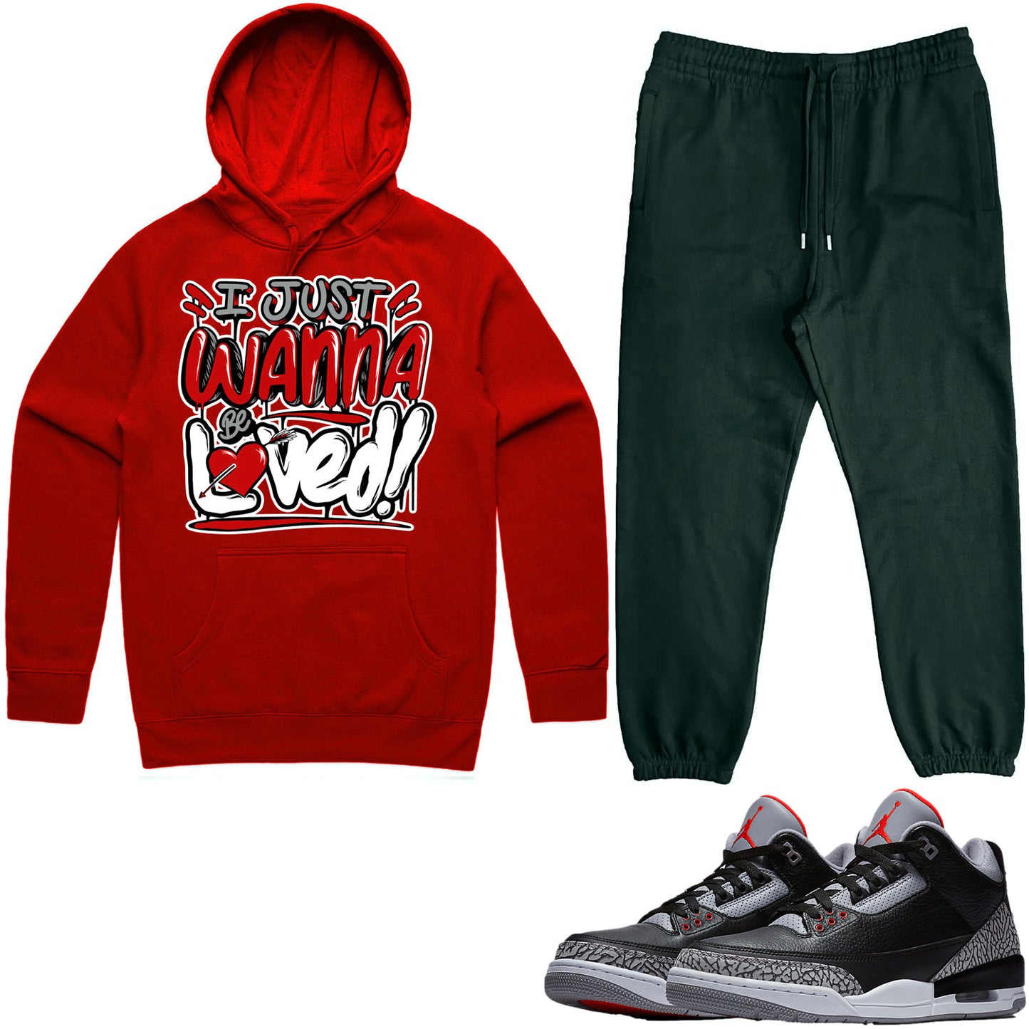 Jordan Black Cement 3s Sneaker Outfit - Hoodie & Jogger Sweat Suit - Loved