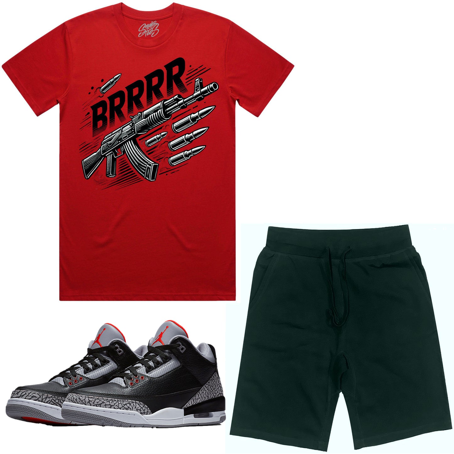 Jordan Black Cement 3s Sneaker Outfit - Shirt and Shorts - Brrr