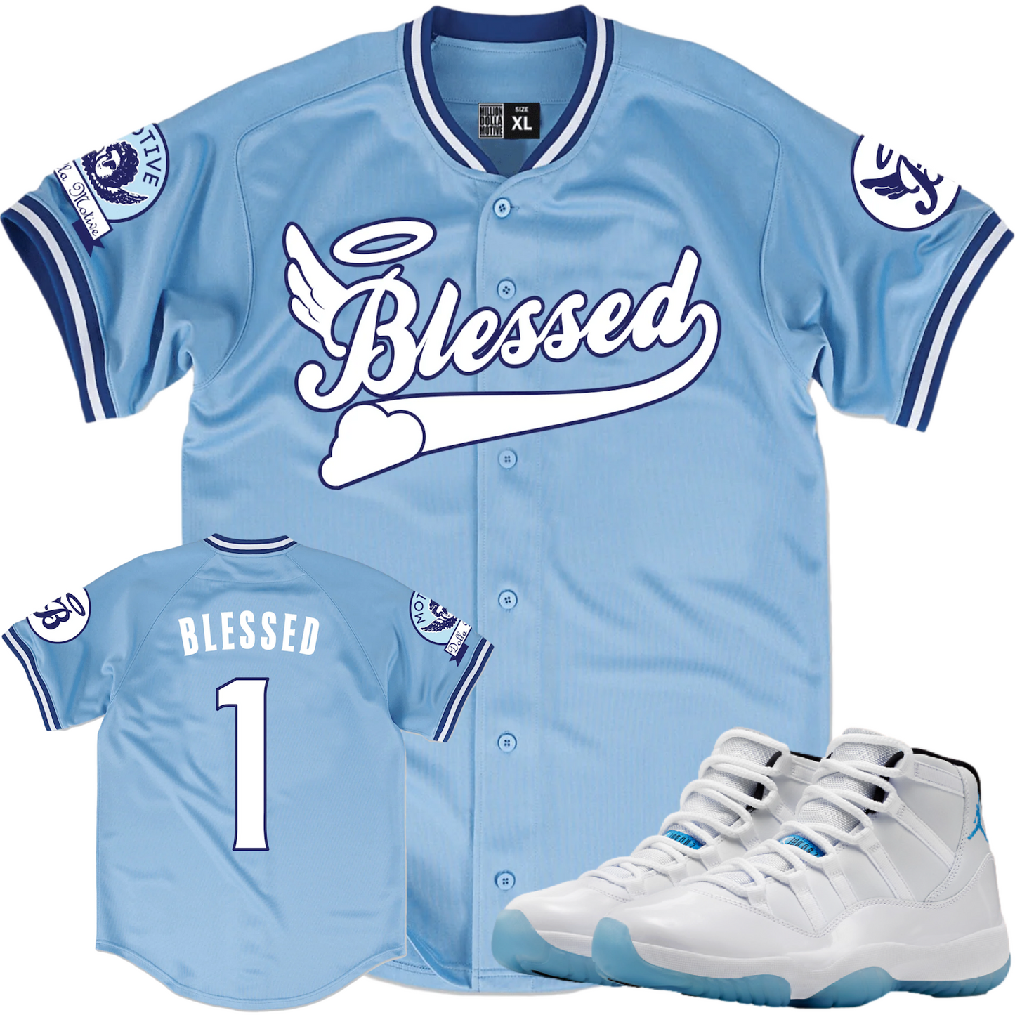 Jordan 11 Columbia Legend Blue 11s Baseball Jersey - BLESSED