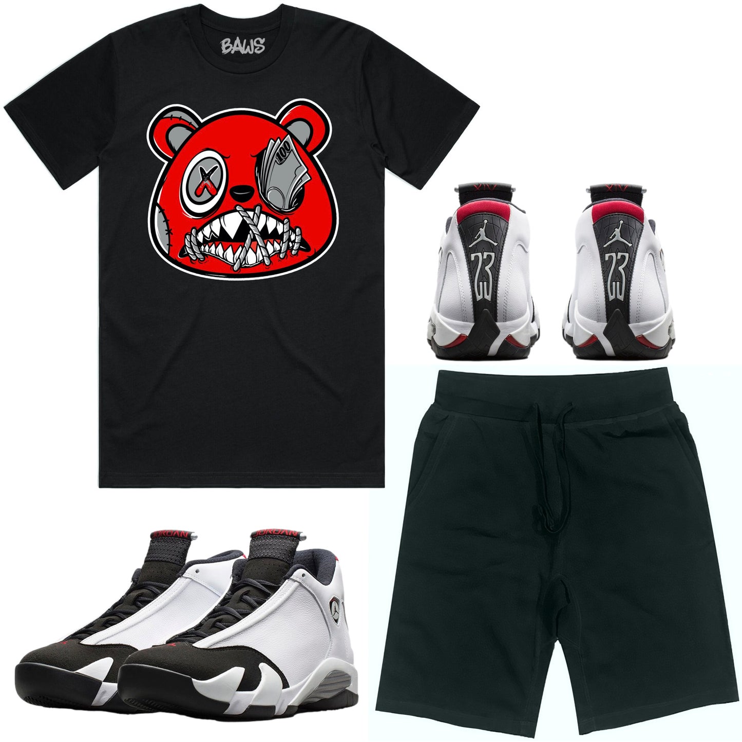 Black Toe 14s Sneaker Outfit - Shirt and Shorts - Money Talks Baws