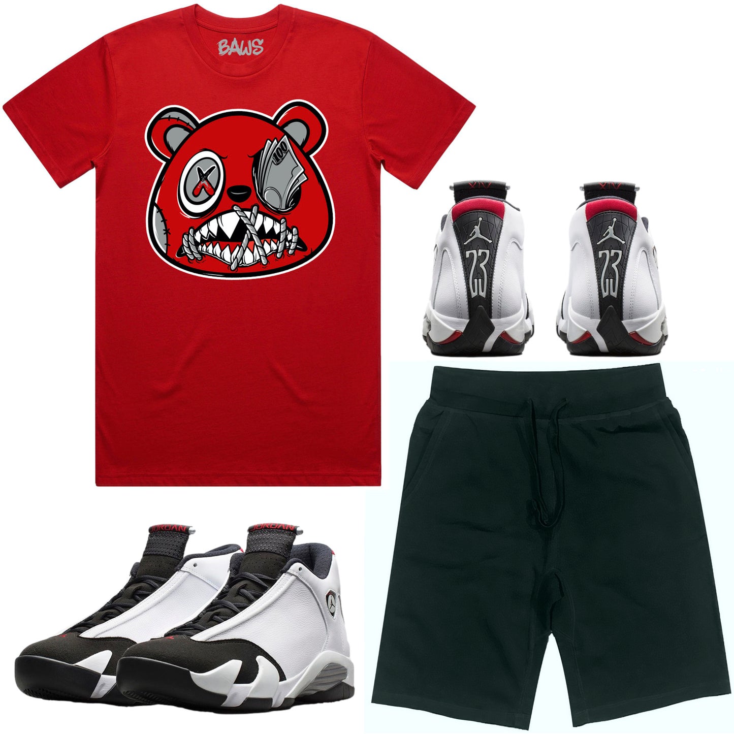 Black Toe 14s Sneaker Outfit - Shirt and Shorts - Money Talks Baws