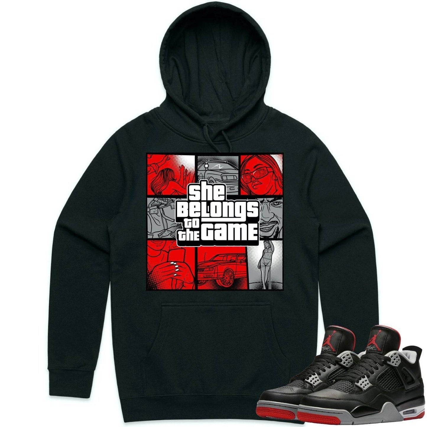 Bred 4s Hoodie - Jordan 4 Bred Reimagined 4s Hoodie - Game