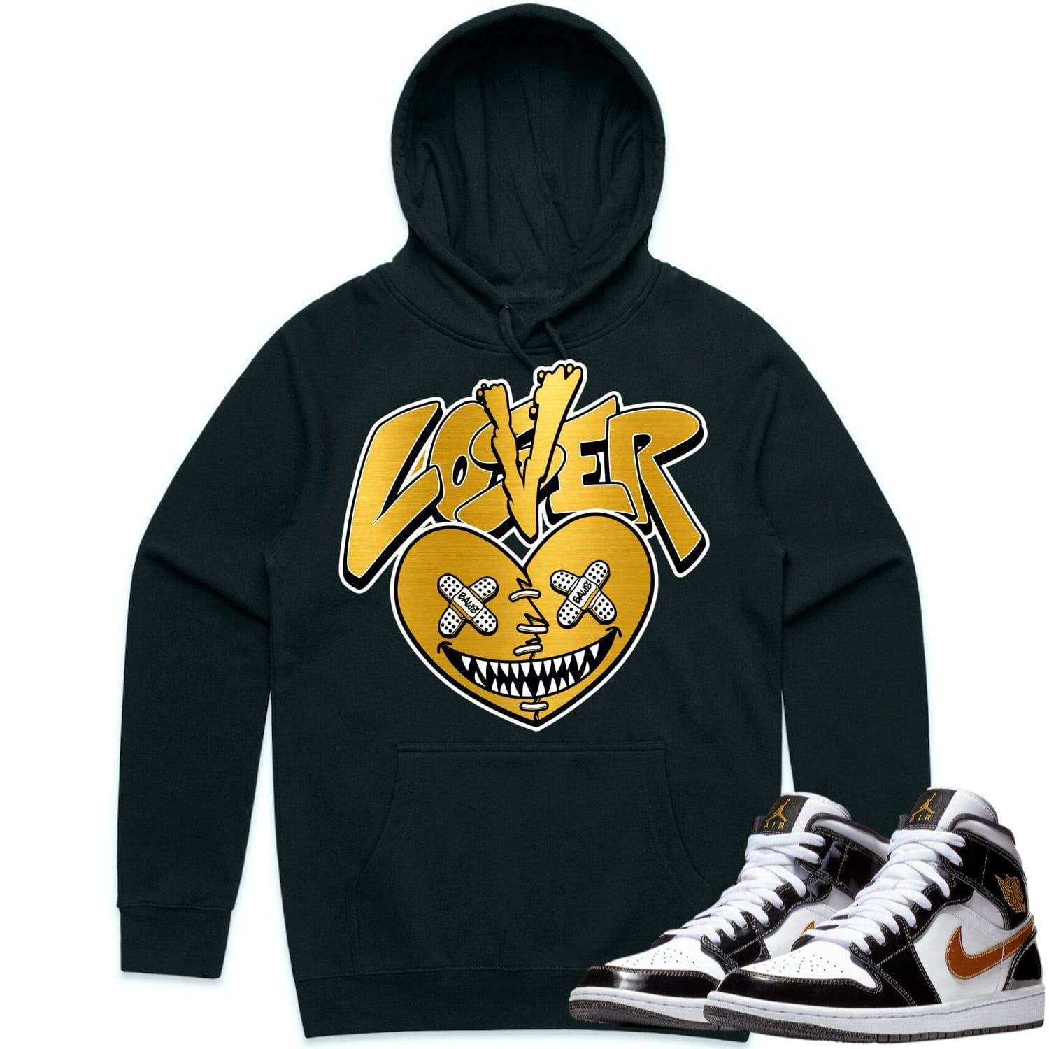 Jordan 1 Mid Patent Black Metallic Gold Hoodie - Lover Loser Baws