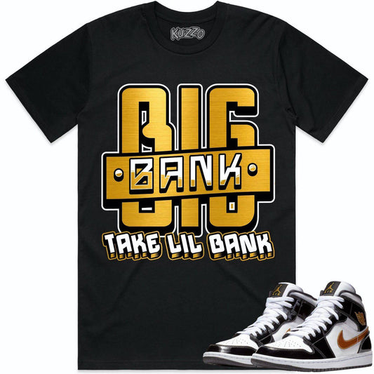 Jordan 1 Mid Patent Black Metallic Gold Shirts - Big Bank