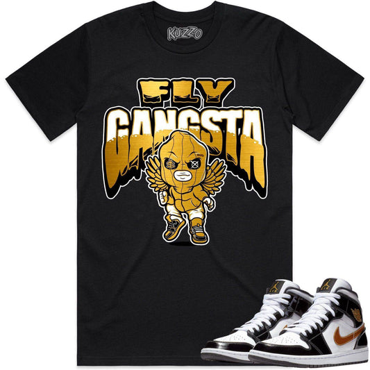 Jordan 1 Mid Patent Black Metallic Gold Shirts - Gratitude Fly Gangsta