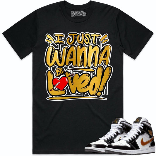 Jordan 1 Mid Patent Black Metallic Gold Shirts - Loved