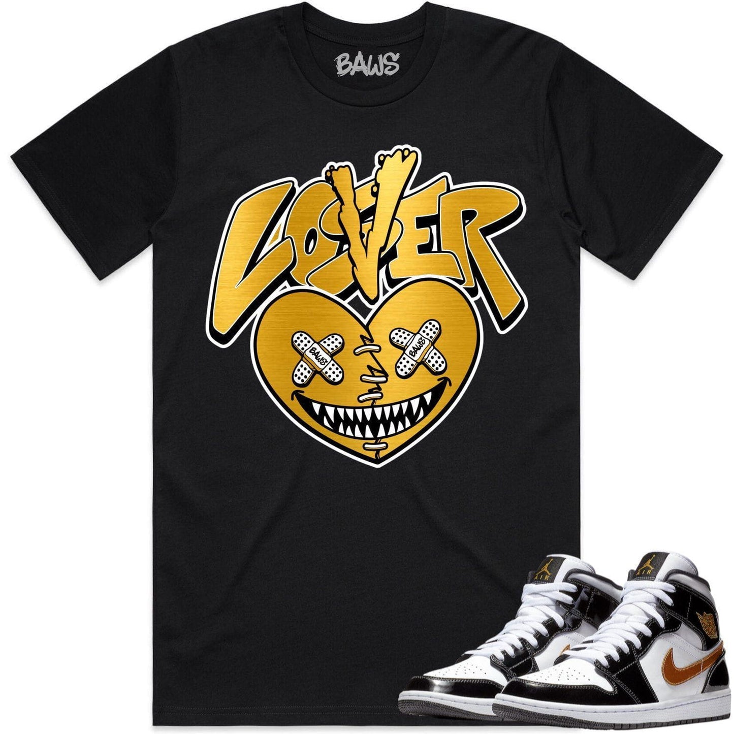 Jordan 1 Mid Patent Black Metallic Gold Shirts - Lover Loser Baws