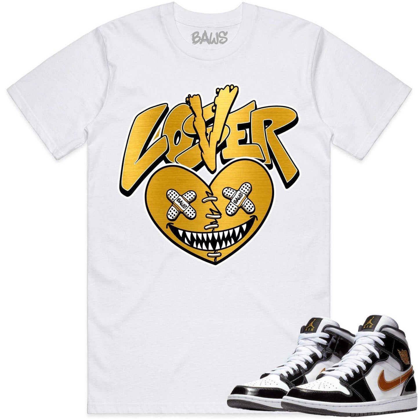 Jordan 1 Mid Patent Black Metallic Gold Shirts - Lover Loser Baws