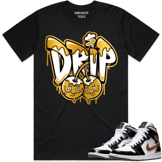 Jordan 1 Mid Patent Black Metallic Gold Shirts - Money Drip